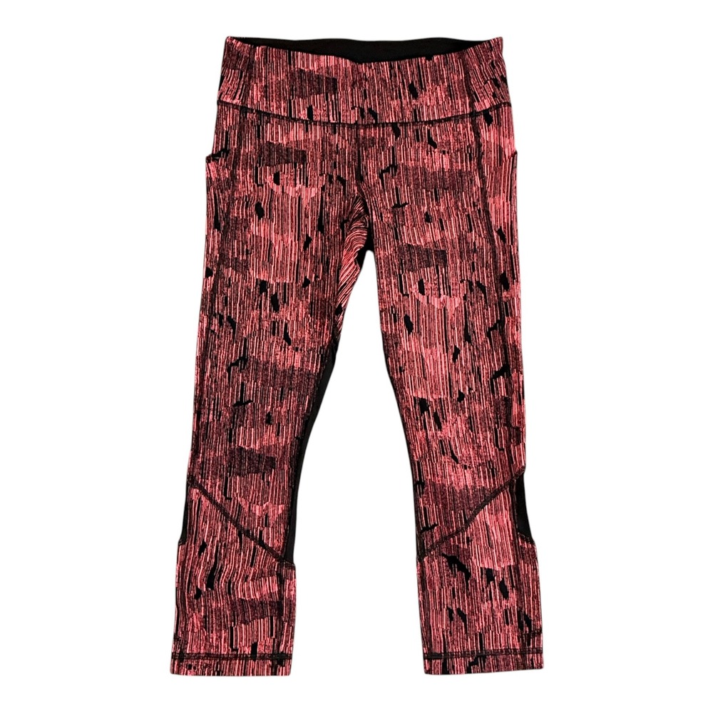 Lululemon Run Times Crop Leggings Womens 6 Pink Black Abstract Mesh Pockets